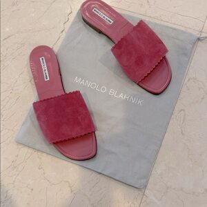 Manolo Blahnik Burgundy Suede Slide Sandals